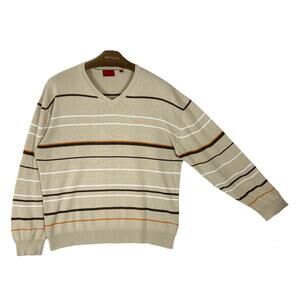 Nwot PIERRE CARDIN Sweater Men XL Beige Multicolor Stripe V-Neck Long-Slv Cotton